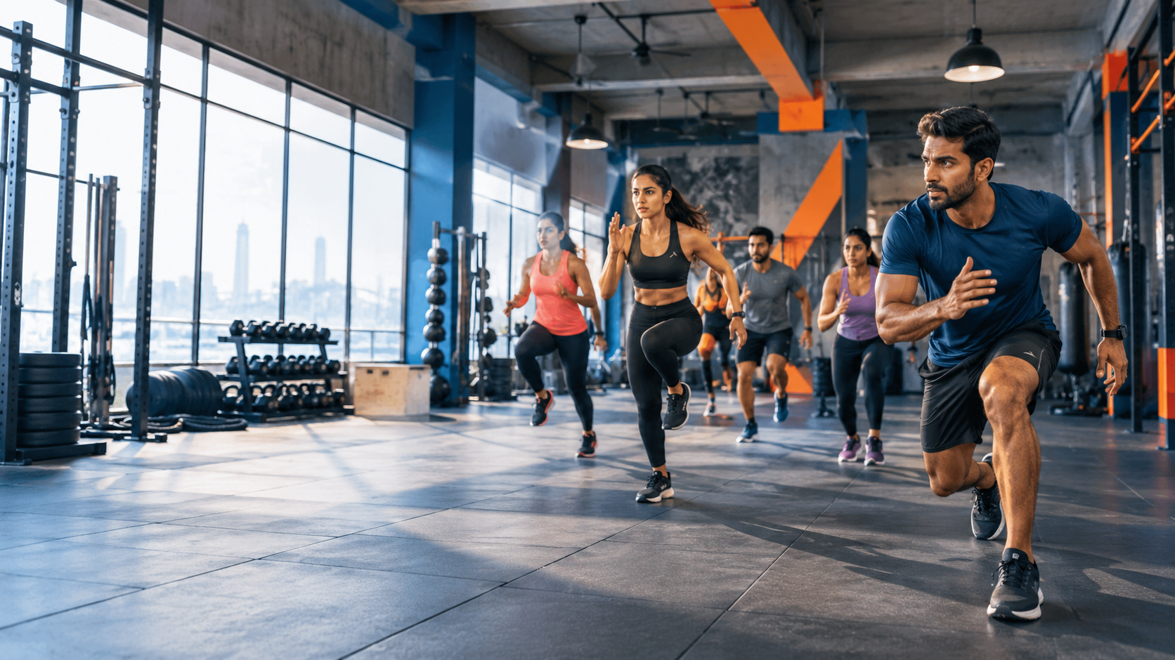 Illustrative image of a group fitness session in an industrial-style gym